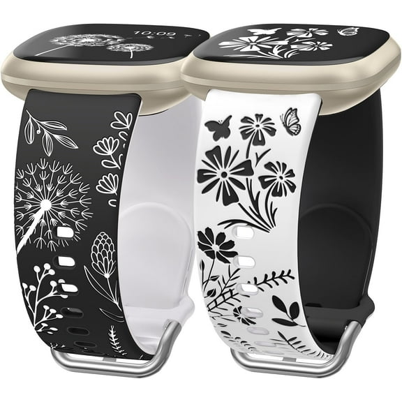 Wearlizer 2 Packs Floral Engraved Band Compatible with Fitbit Versa 4 Bands/Versa 3 Bands/Sense 2/Sense Bands Women, Cute Two-Tone Flower Soft Silicone Sport Strap for Versa 3 4 Sense 2 Watch Band