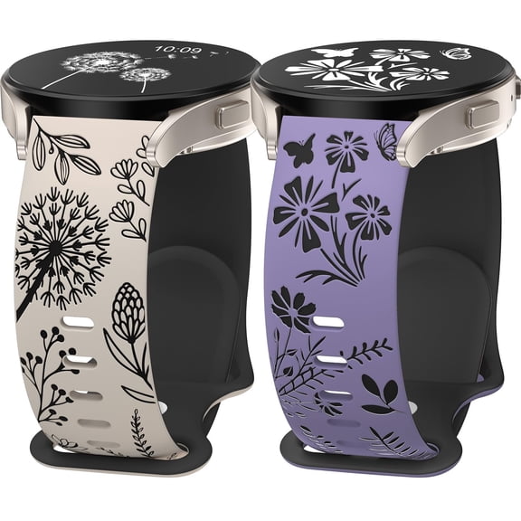 Wearlizer 2 Packs Floral Engraved Band Compatible with Samsung Galaxy Watch 7/FE/6/5/5 Pro/Watch 4 40mm 44mm/Watch 3 41mm/Active 2 Band Women, Cute Two-Tone Flower Soft Silicone Sport for 20mm Watch