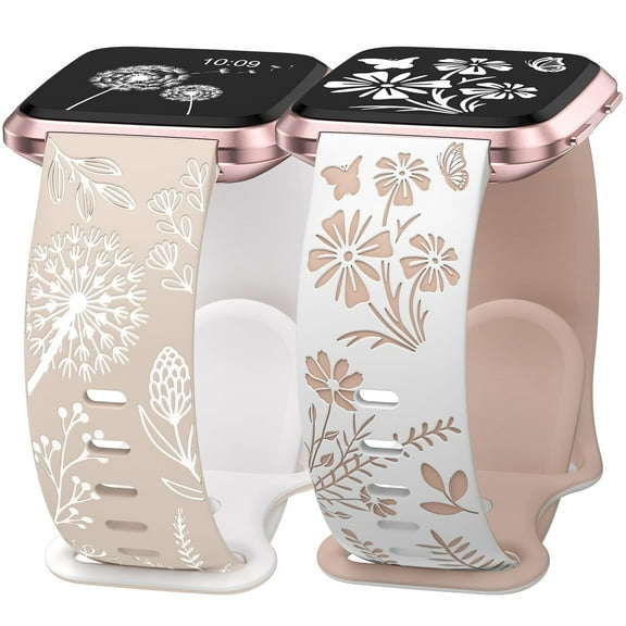 Wearlizer 2 Packs Floral Engraved Band Compatible with Versa 2 Bands for Women, Two-Tone Flower Soft Silicone Sport Strap for Versa/Versa 2/Versa Lite/Versa SE Smart Watch