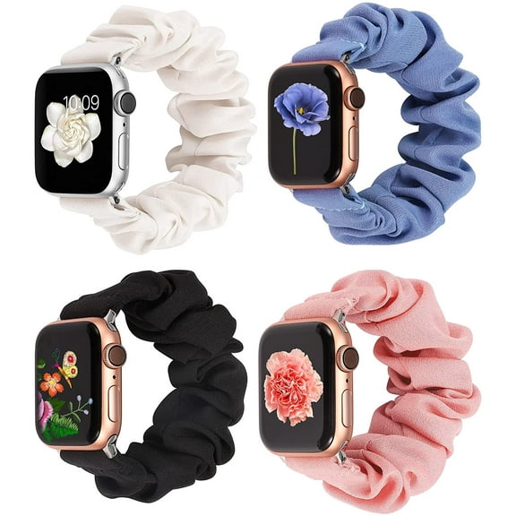 Wearlizer 4 Packs Compatible with Apple Watch Band Scrunchie Soft Cloth 38mm 40mm 41mm 42mm 45mm 46mm 49mm, Cute Printed Elastic Watch Bands Women for Apple iWatch Ultra 2/Ultra/10/9/8/7/SE/6/5/4/3