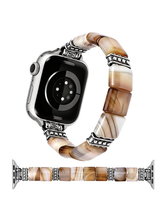 Beaded Agate Band Compatible with Apple Watch 38/40/41/42/44/45/46/49mm, Handmade Natural Stone Stretch Bracelet for Women, Boho Strap for iWatch Series 11/10/9/8/7/6/5/4/SE/Ultra