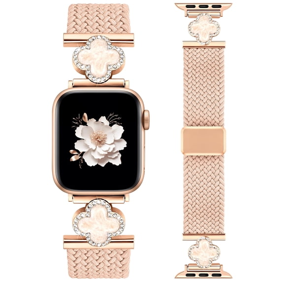 Wearlizer Braided Magnetic Band Compatible with Apple Watch 38/40/41/42/44/45/46/49mm, Stretchy Nylon iWatch Band with Clover Charm, Elastic Woven Strap for iWatch Series 11 10 9 8 7-1 SE Ultra