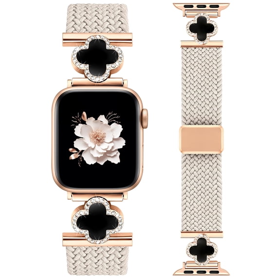 Wearlizer Braided Magnetic Band Compatible with Apple Watch 38/40/41/42/44/45/46/49mm, Stretchy Nylon iWatch Band with Clover Charm, Elastic Woven Strap for iWatch Series 11 10 9 8 7-1 SE Ultra