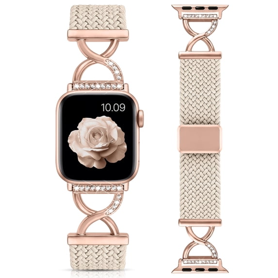 Wearlizer Braided Nylon Watch Band Compatible with Apple Watch Women X-Shaped Diamond Clasp Stretchy Solo Loop Strap Adjustable Lightweight Breathable Wristband for Series 11/10/9/8/7/6/5/4/SE/Ultra