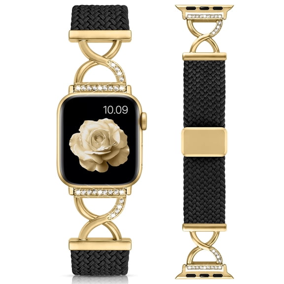 Wearlizer Braided Nylon Watch Band Compatible with Apple Watch Women X-Shaped Diamond Clasp Stretchy Solo Loop Strap Adjustable Lightweight Breathable Wristband for Series 11/10/9/8/7/6/5/4/SE/Ultra