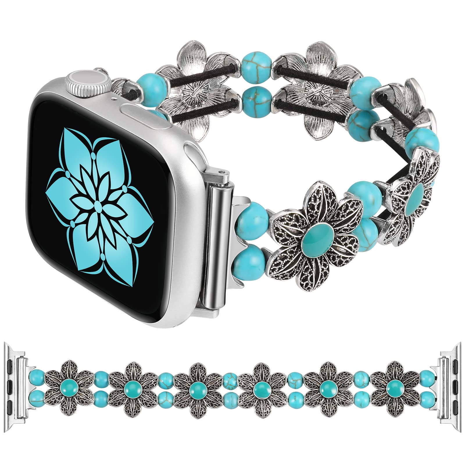 Wearlizer Compatible with Apple Watch Band 38mm 40mm 41mm Women Girls Boho Handmade Turquoise Beaded Elastic Stretch Replacement Bracelet For iWatch