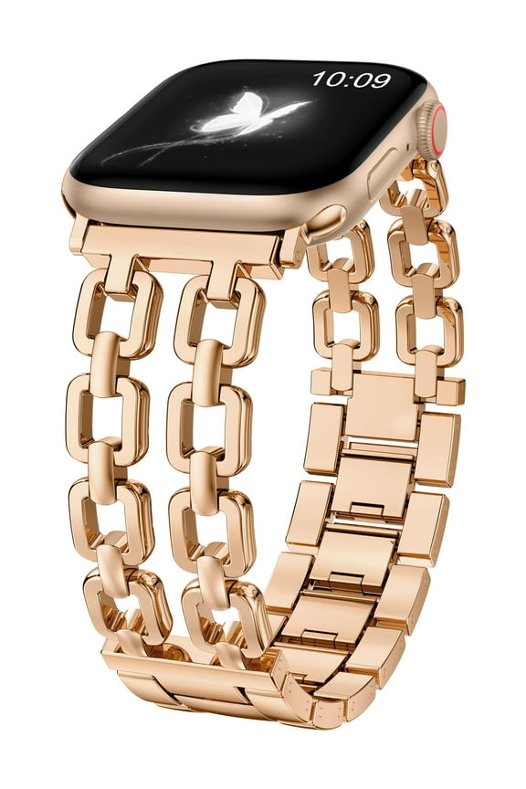 Compatible with Apple Watch Bands 41/40/38/44/45/46/49/42mm Women, Dressy Fancy Metal Chain Pretty Strap Designer Gold Silver Link Bracelet for iWatch Ultra SE Series 10 9 8 7 6 5 4 3 2 1