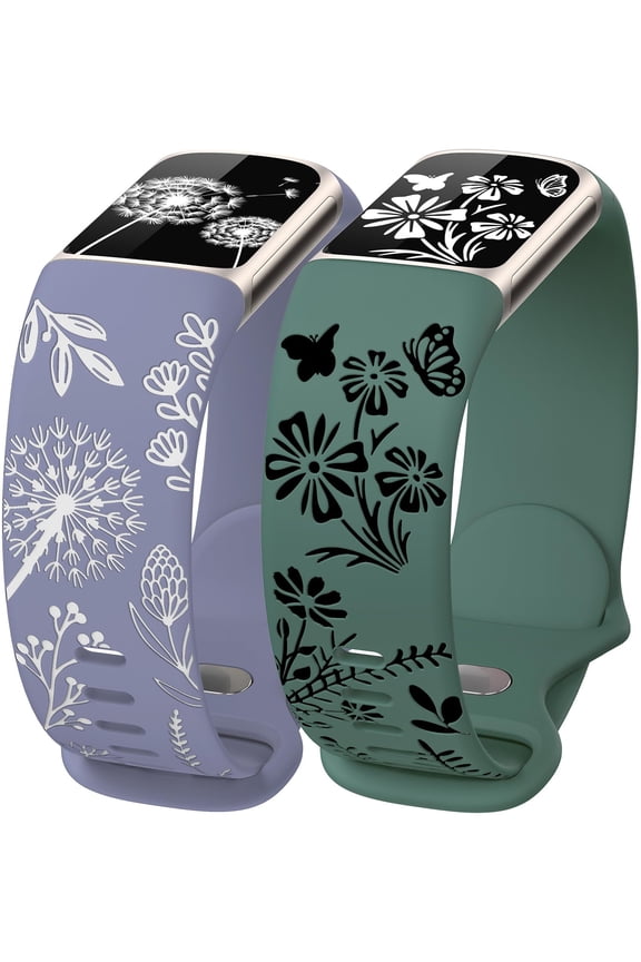Dual-Tone Engraved Bands Compatible with Charge 6/Charge 5 - Floral Silicone Wristbands for Women, 2 Interchangeable Nature Designs (Dandelion & Wildflower)