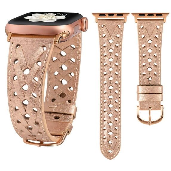 Wearlizer Leather Band Compatible with Apple Watch Band 38mm 40mm 41mm 42mm 44mm 45mm 49mm Ultra Women Men Dressy Breathable Hollow-out Braided Leather Strap for iWatch Bands SE Series 8 7 6 5 4 3 2 1