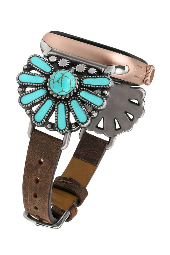 Leather Band Compatible with Apple Watch Band Women 38/40/41/42/44/45/49mm, Boho Western Vintage Turquoise Ethnic Antique Style Strap for iWatch Series Ultra 2 SE 9 8 7 6 5 4 3 2 1