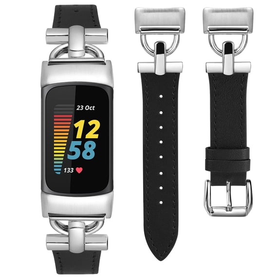 Wearlizer Leather Band Compatible with Charge 5 Watch Bands for Women, Dressy Slim Leather Strap Replacement Wristband with D-Shape Metal Buckle for Charge 5 Fitness Tracker