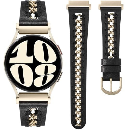 Wearlizer Leather Band Compatible with Samsung Galaxy Watch 7/6/5/4/FE/Active 2 40mm 44mm, Watch 6 Classic 43/47mm, Watch 5 Pro 45mm, Dressy Metal Chain Strap Women