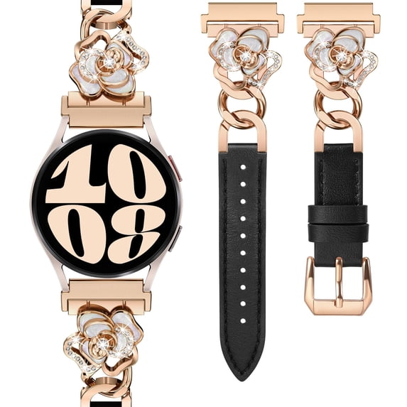 Wearlizer Leather Band Compatible with Samsung Galaxy Watch 7/6/5/4/FE/Active 2 40mm 44mm, Watch 6 Classic 43/47mm, Watch 5 Pro 45mm, Dressy Metal Chain Strap Women with Camellia Charm