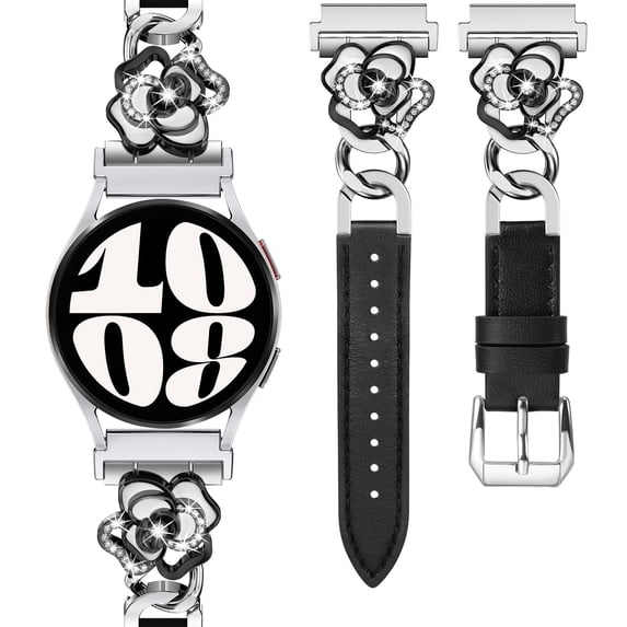 Wearlizer Leather Band Compatible with Samsung Galaxy Watch 7/6/5/4/FE/Active 2 40mm 44mm, Watch 6 Classic 43/47mm, Watch 5 Pro 45mm, Dressy Metal Chain Strap Women with Camellia Charm