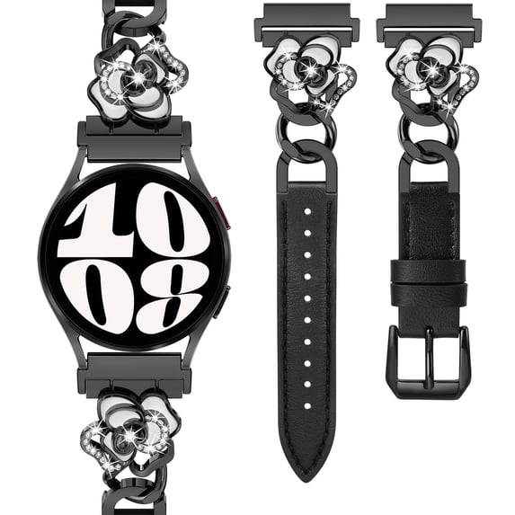 Wearlizer Leather Band Compatible with Samsung Galaxy Watch 7/6/5/4/FE/Active 2 40mm 44mm, Watch 6 Classic 43/47mm, Watch 5 Pro 45mm, Dressy Metal Chain Strap Women with Camellia Charm