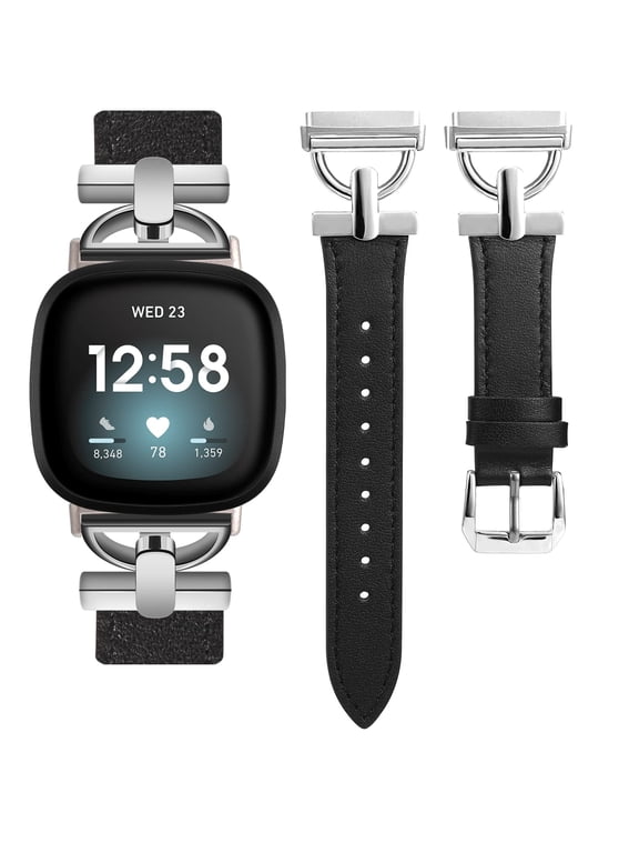 Leather Band Compatible with Sense Bands/Versa 3 Bands/Versa 4 Band/Sense 2 Band Women, Dressy Leather Strap with D-Shape Metal Buckle for Versa 3/Versa 4 Smartwatch