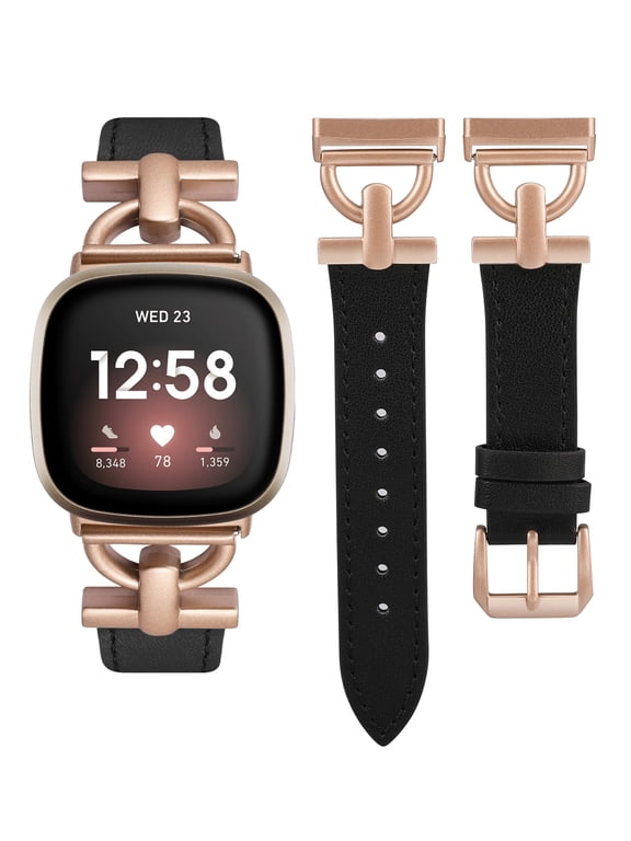 Leather Band Compatible with Sense Bands/Versa 3 Bands/Versa 4 Band/Sense 2 Band Women, Dressy Leather Strap with D-Shape Metal Buckle for Versa 3/Versa 4 Smartwatch