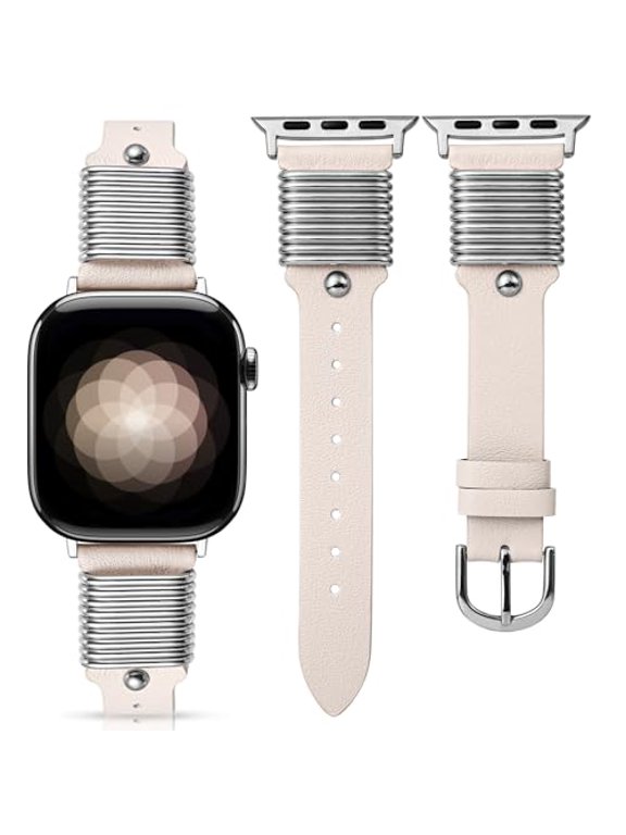 Leather Watch Band Compatible with Apple Watch Bands 38/40/41/42/44/45/46/49mm Women Metal Ring Loop Strap for Iwatch Series 11/10/9/8/7/6/5/4/3/SE/Ultra