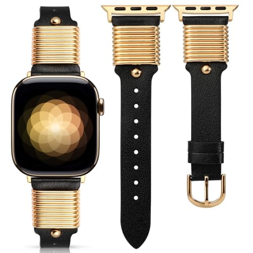 Wearlizer Leather Watch Band Compatible with Apple Watch Bands 38/40/41/42/44/45/46/49mm Women Metal Ring Loop Strap for Iwatch Series 11/10/9/8/7/6/5/4/3/SE/Ultra