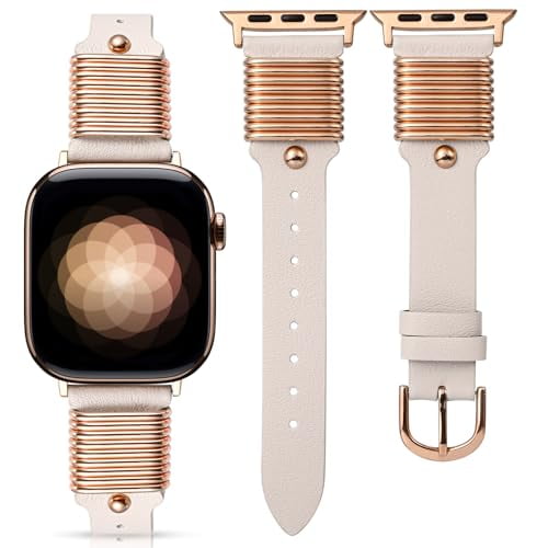 Wearlizer Leather Watch Band Compatible with Apple Watch Bands 38/40/41/42/44/45/46/49mm Women Metal Ring Loop Strap for Iwatch Series 11/10/9/8/7/6/5/4/3/SE/Ultra