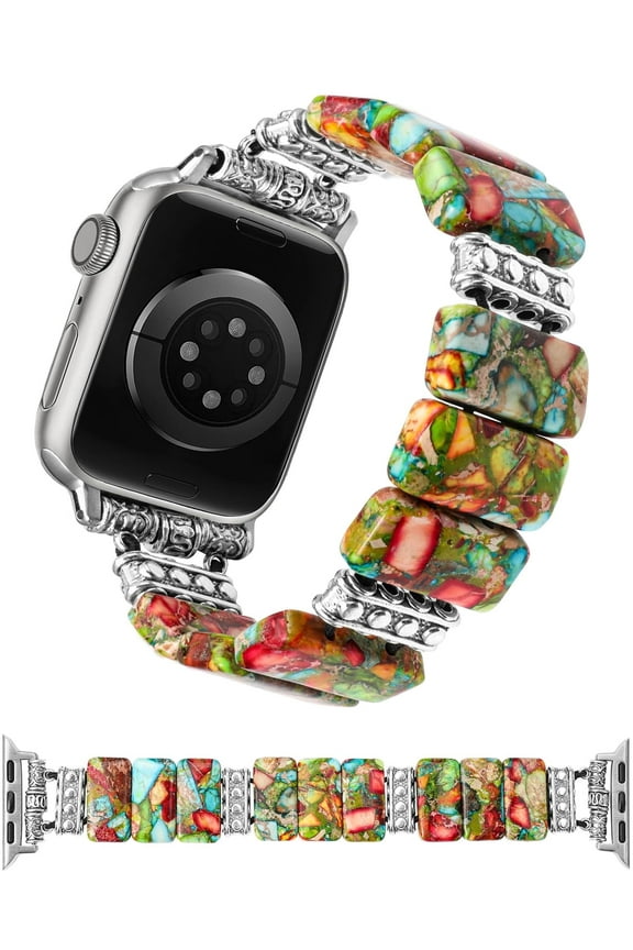 Natural Stone Bracelet Compatible with Apple Watch Band 41/40/38/42/44/45/46/49mm Women, Handmade Elastic Solo Loop Beaded Western Strap for iWatch Series 10 9 8 7 6 5 4 3 SE/Ultra