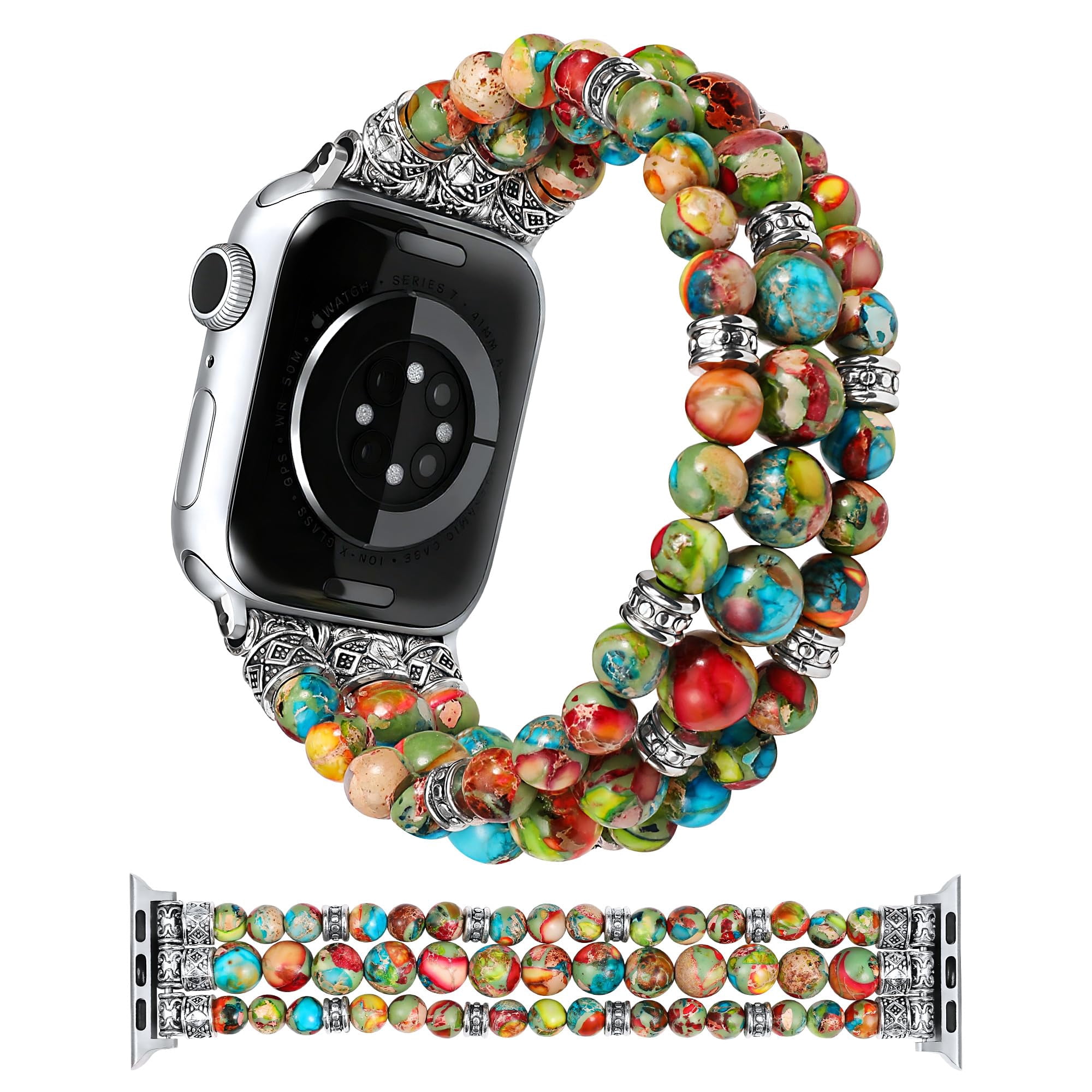 Boho Natural Stone Stretch Watch Band for Apple Watch - Handmade Jasper Design Boho Jasper Apple Watch Band: Beaded Iwatch Bracelet for  main image 2