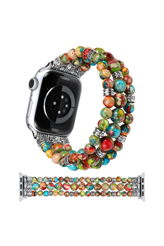 Natural Stone Strap Compatible with Apple Watch Band for Women 38/40/41/42/44/45/46/49mm, Stretch Jasper Beaded Bracelet Band, Handmade Boho Elastic Strap for iWatch Series 11-1/Ultra