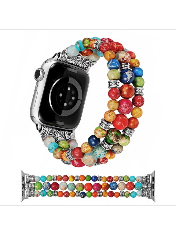 Natural Stone Strap Compatible with Apple Watch Band for Women 38/40/41/42/44/45/46/49mm, Stretch Jasper Beaded Bracelet Band, Handmade Boho Elastic Strap for iWatch Series 11-1/Ultra