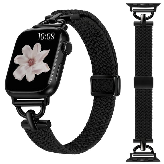 Wearlizer Slim Braided Magnetic Band Compatible with Apple Watch 38/40/41/42/44/45/46/49mm, Women’s Thin D-Shape Stretchy Elastic Strap, Dressy Woven Wristband for Series 11/10/9/8/7/6/5/4/SE/Ultra