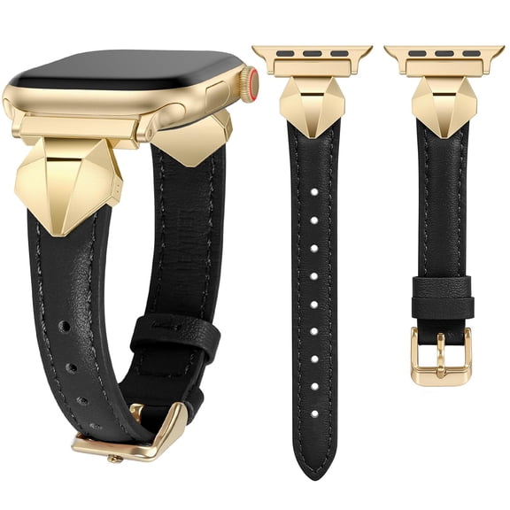 Wearlizer Slim Leather Watch Band Compatible with Apple Watch Bands Women 3D Diamond Cut Metal Adapter Adjustable Strap for Series 11/10/9/8/7/6/5/4/3/SE/Ultra 38/40/41/42/44/45/46/49mm