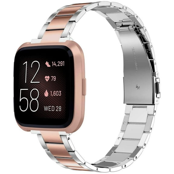 Wearlizer Stainless Steel Compatible for Fitbit Versa 2 Band Women Men, Ultra-Thin Lightweight Replacement Copper Rose Silver Strap Compatible for Versa 2