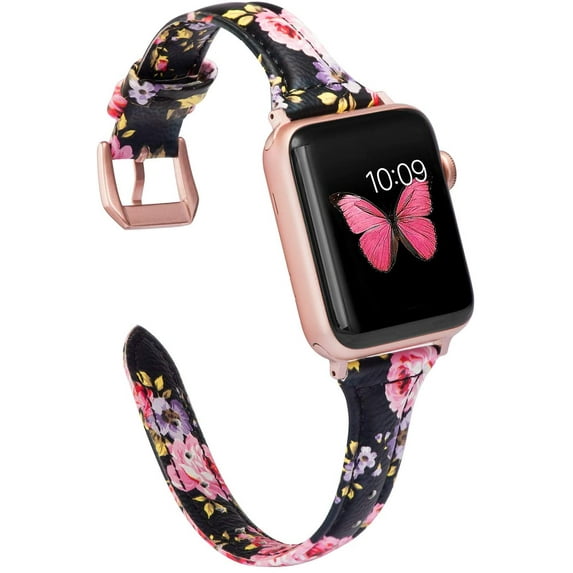 Wearlizer Thin Leather Black Pink Floral Apple Watch Band 42mm 44mm 45mm for iWatch Women Top Grain Leather Slim Strap Series 7 6 5 4 3 2 1