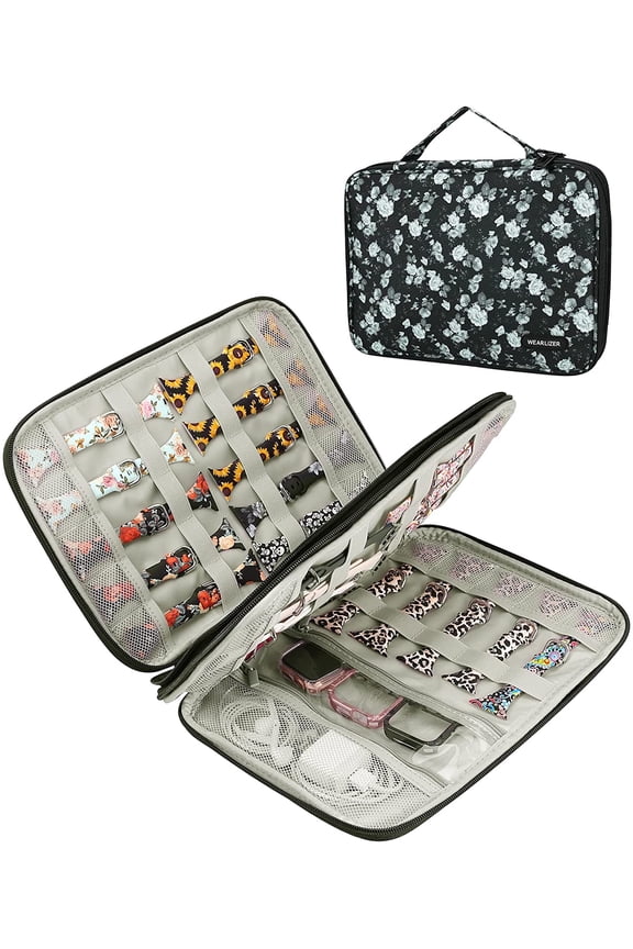 Watch Band Case Watch Band Storage Case Hold 35 Watch Straps Portable Organizer Bag for Apple Watch Band, Watch Band Pin, Headset and Other Accessories-Grey Flowers on Black