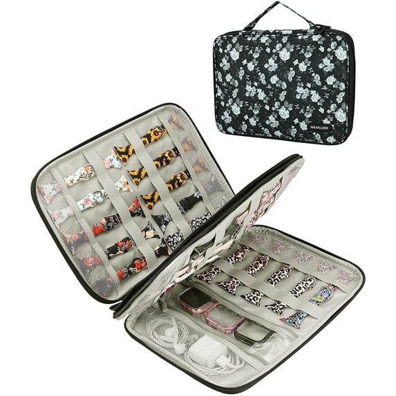 Wearlizer Watch Band Case Watch Band Storage Case Hold 35 Watch Straps Portable Organizer Bag for Apple Watch Band, Watch Band Pin, Headset and Other Accessories-Grey Flowers on Black