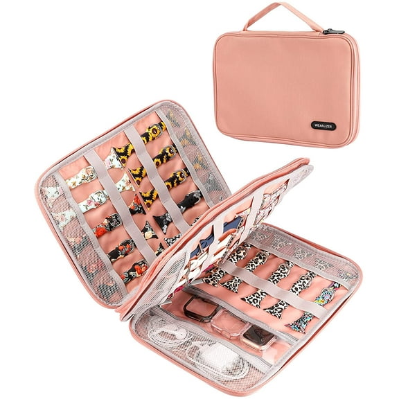 Wearlizer Watch Band Case Watch Band Storage Case Hold 35 Watch Straps Portable Organizer Bag Compatible with Apple Watch Band, Watch Band Pin, Headset and Other Accessories-Gray/Pink/Leopard