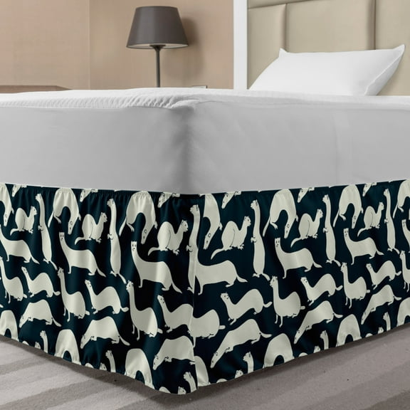 Weasel Bed Skirt, Mammal Mustela Animal Wildlife Tropical Hipster Graphic Repetition, Elastic Bedskirt Dust Ruffle Wrap Around for Bedding Decor, 4 Sizes, Off White Petrol Blue, by Ambesonne