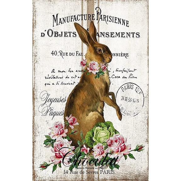 Weasval Standing Rabbit on French Writing Vintage Tin Sign Novelty Funny Home Family Friend Gift Bathroom Courtyard Bar Pub 8x12 Inch