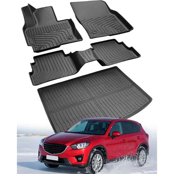 All Weather Car Floor Mats for Mazda CX5: 2013 2014 2015 2016 (1st Gen), Automotive Cargo Liner Full Set Accessory, Custom Fit for Mazda CX-5 SUV Tray Carpet Black Rubber Accessories Trunk Mat