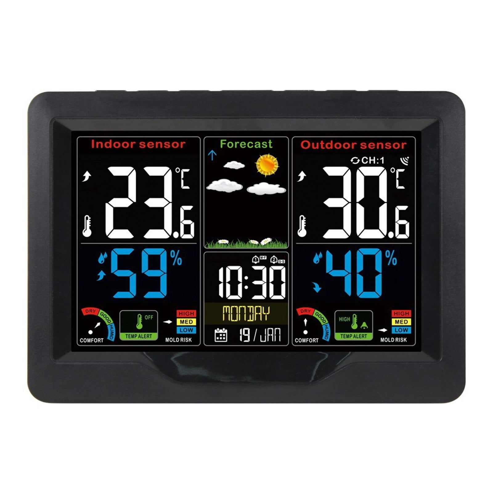 Weather Forecast Station Clock  Indoor Outdoor Color Screen Clock with  Transmitter Digital Temperature and Humidity