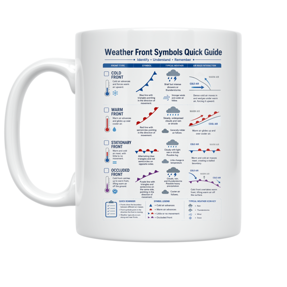 Weather Front Symbols Quick Guide - Meteorology Student - 11 oz Ceramic Coffee Mug