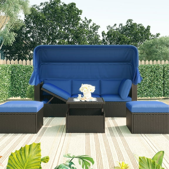 Weather- Outdoor Daybed With Retractable Cover And Cushion Padding For Patio Sunshade Comfortable Cushions Garden