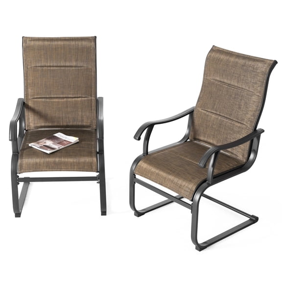 All Weather Outdoor Patio Dining Chairs Set of 2, Padded Textilene High Back Spring Motion Chairs for Backyard, Deck, Lawn, Comfortable Breathable Seating, Brown
