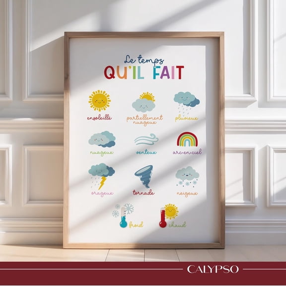 Weather Poster In French For Children, Educational Climate Poster, Unframed Paper Poster 8x10in
