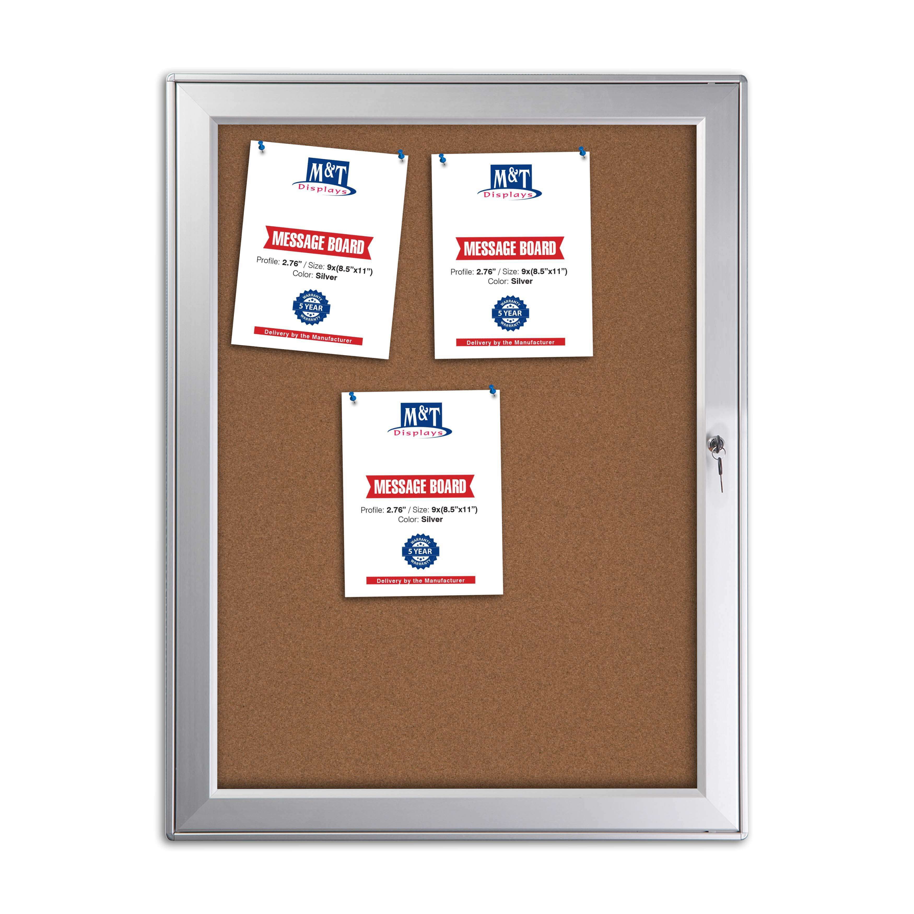 M&T Displays Weatherproof Aluminum Enclosed Cork Bulletin Board 32x42 Silver, 9x(8.5x11) Noticeboard