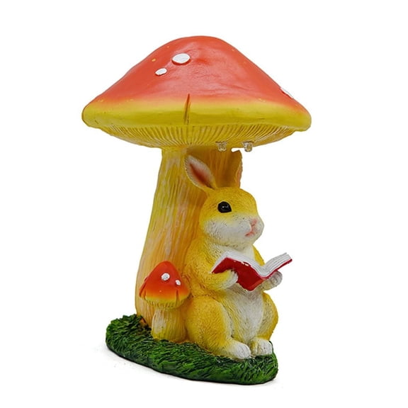 Weather Resistance Resin Rabbits Mushroom Statin Resin Figurine Sculpture with Solar Power Light for Garden Yard Use