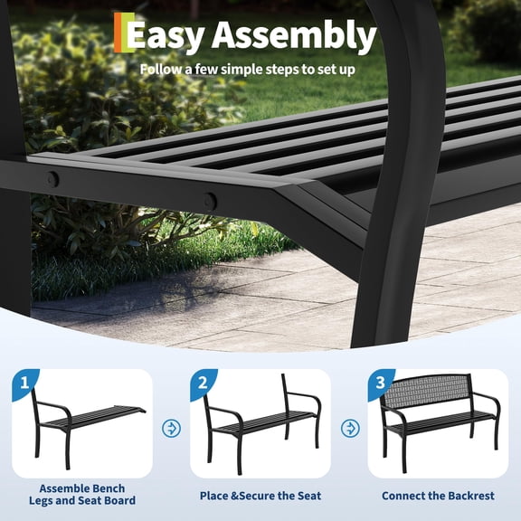 Weather-Resistant 50" Outdoor Metal Garden Bench – Sturdy Steel Patio Bench with Decorative Curved Backrest – Comfortable 2-3 Person Seating for Porch, Yard, Deck, or Backyard – Color: Black