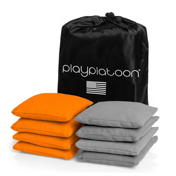 Play Platoon Weather Resistant Cornhole Bags - Set of 8 Regulation Size - Orange & Gray - Durable Duck Cloth for Tossing Game, Includes Tote Bag