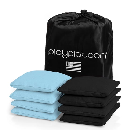 Play Platoon Weather Resistant Cornhole Bags - Set of 8 Regulation Corn Hole Bean Bags - Sky Blue & Black - Durable Duck Cloth Corn Hole Bag for Tossing Game, Includes Tote Bag
