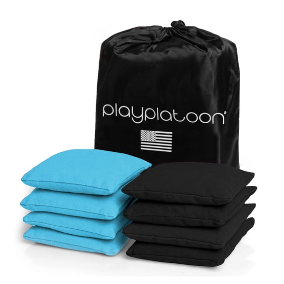 Play Platoon Weather Resistant Cornhole Bags - Set of 8 Regulation Corn Hole Bean Bags - Light Blue & Black - Durable Duck Cloth Corn Hole Bag for Tossing Game, Includes Tote Bag