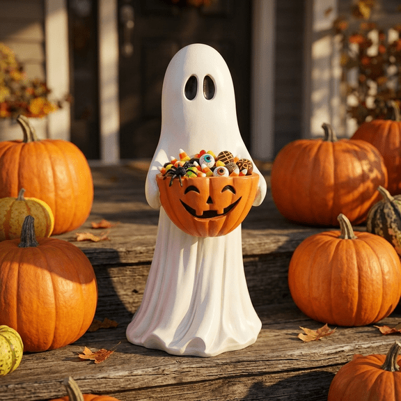 Weather Resistant Ghost Figurine with Pumpkin Candy Bowl Halloween Porch Decor Trick or Treat Holder Yard Statue for Outdoor and Entryway